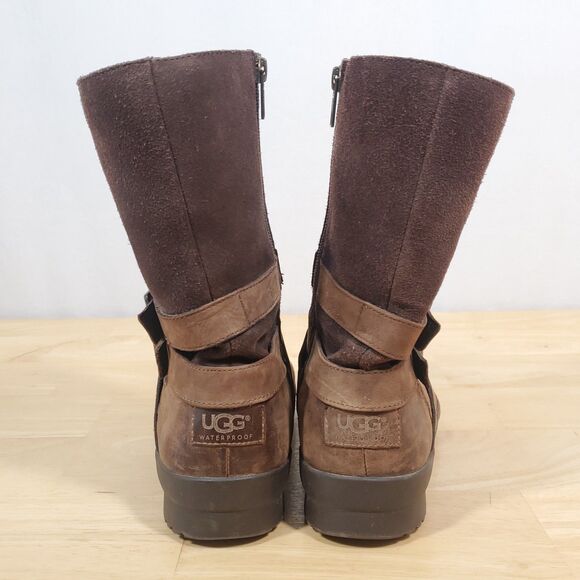 Ugg Lorna Boots Brown Women's Sz 8 Waterproof Biker Bootie Leather Riding-Snow - Picture 6 of 13
